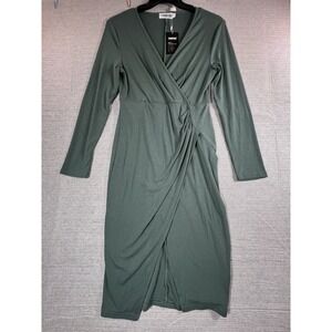 Temofon Long Sleeve Ribbed Wrap Midi Dress Ruched Green Size M